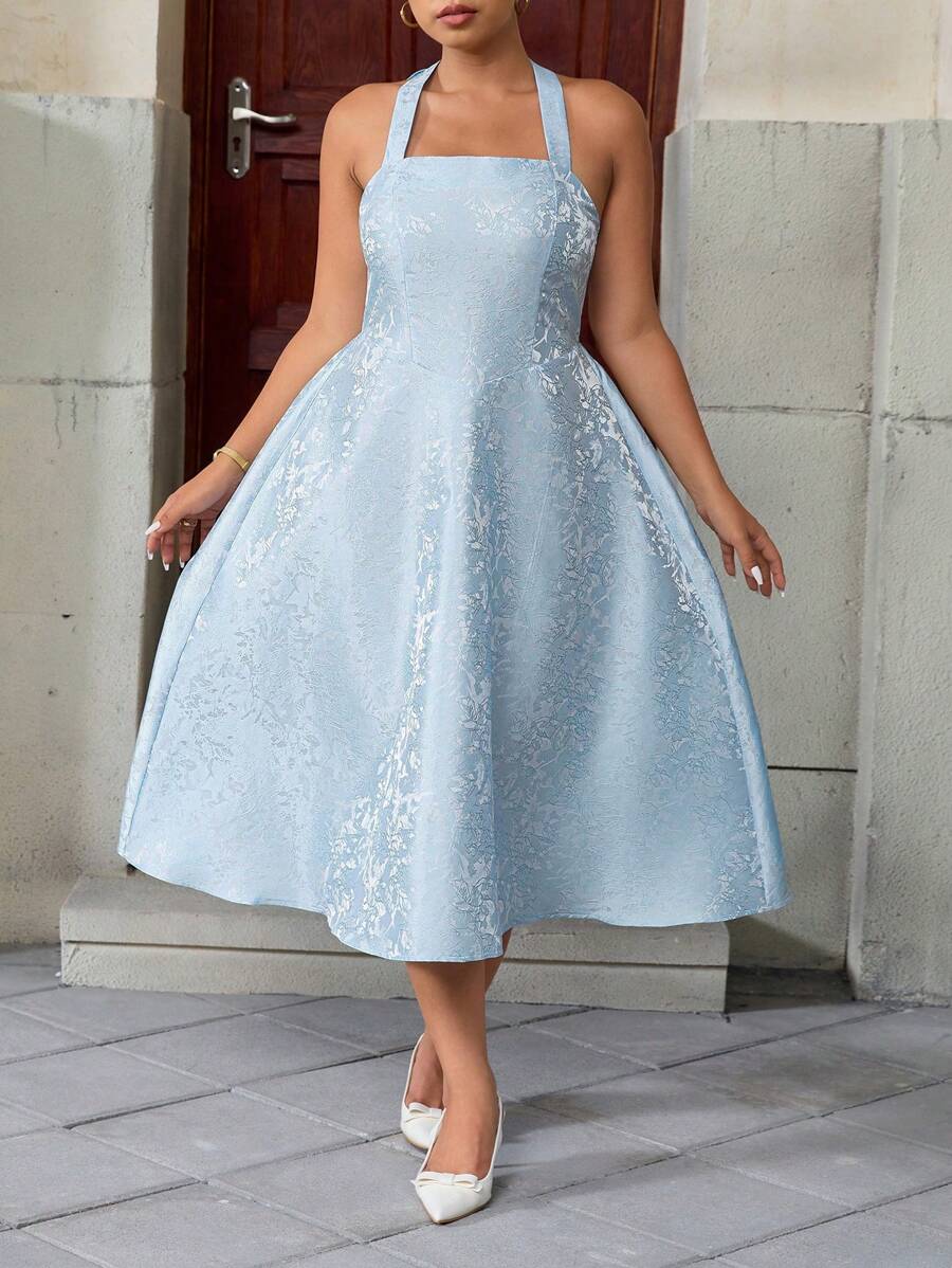 Allurite Plus Size Women's Halter Tie-Up Off Shoulder A-Line Floor Length Elegant Solid Color Dress With Textured Fabric, Spring/Summer - Blue - View 1