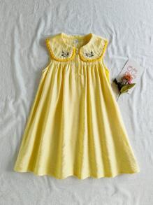 Vintaside Kids Young Girl Casual Peter Pan Collar Floral Embroidered Sleeveless Dress, Summer Summer Holiday - Yellow - View 3