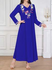 Al Najma Vestido feminino com decote em V, manga longa, elegante e confortável, estampa floral, decote delicado, design com padrão floral, poliéster, adequado para casa, passeios, feriados, festas, vestuário feminino, primavera, vestido feminino primavera/verão, vestido estampado feminino, vestido feminino - Azul - Ver 7