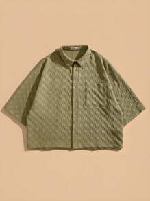 Forever 21 Men's Military Green Loose Cropped Box Shirt; Textured Fabric; Suitable For Spring And Summer Wear - Army Green - View 3