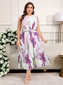 SHEIN Clasi Plus Size Women Elegant Pleated Floral Print Dress, Women's Summer Wear, Women's Business Casual Wear, Going Out Wear, Women's Office Wear, Holiday Wear, Elegant Dress, Women's Blue Dress, Casual Dress, Casual Dress,White And Purple Pleated Dress,Easter Outfit Women,Airport Outfit For Women,Wedding Guest Dress Women,Brunch Outfits For Women,Mother's Day,4th Of July, Graduation Dress,Brunch Outfits For Women,Church Outfits Women