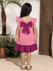 Young Girls' Lilac Purple Textured Chiffon Splice Rose Pink Skirt Flared Wide Sleeve Cap Sleeve Square Collar Splice 3D Bow Decor Mid-Length Casual Chic Korean Style Dress, Suitable For School, Travel, Vacation, Summer, Beach - Pink - View 1