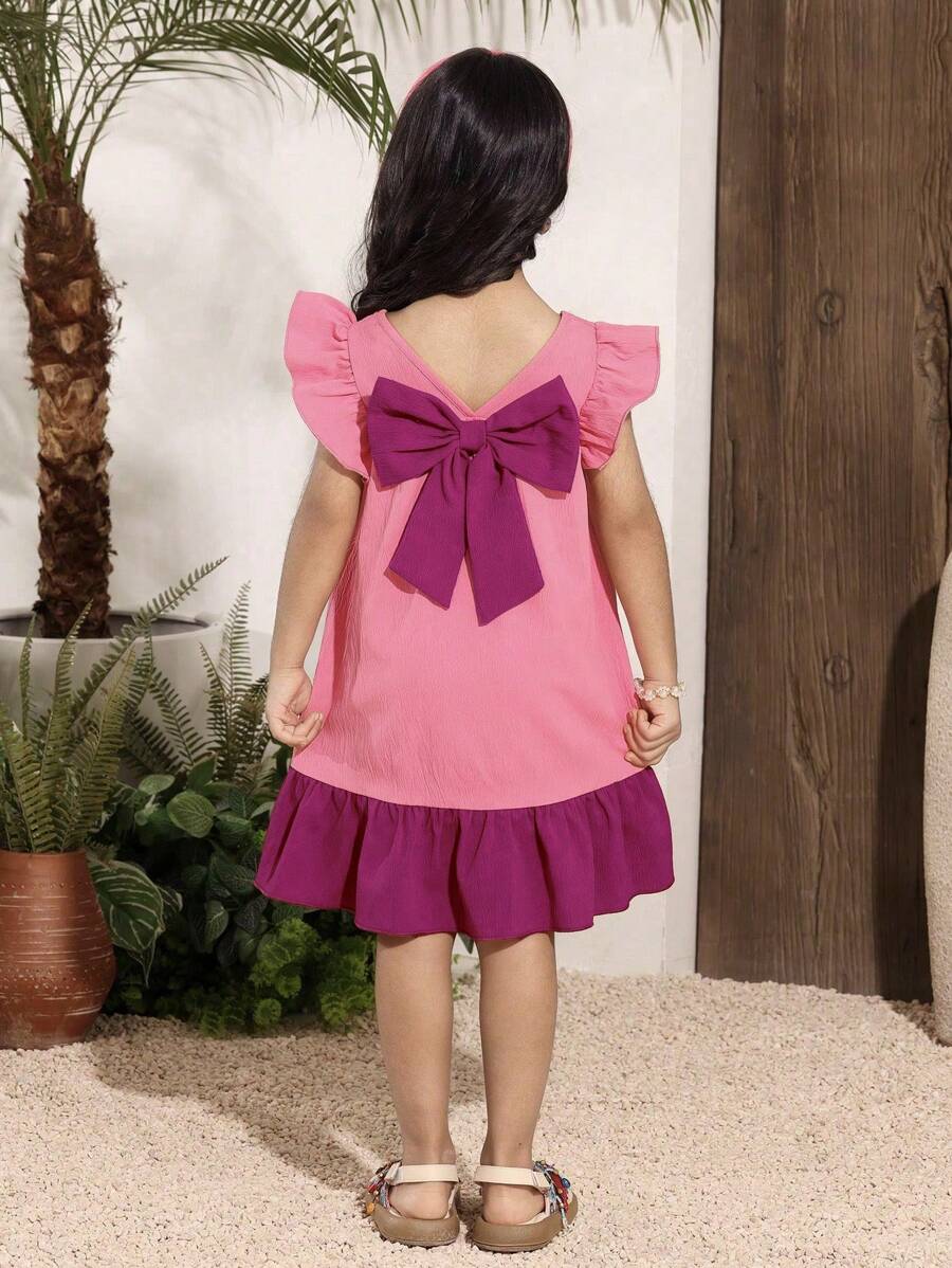 Young Girls' Lilac Purple Textured Chiffon Splice Rose Pink Skirt Flared Wide Sleeve Cap Sleeve Square Collar Splice 3D Bow Decor Mid-Length Casual Chic Korean Style Dress, Suitable For School, Travel, Vacation, Summer, Beach - Pink - View 1