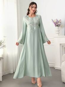 Al Najma Colorful Embroidered & Bead Decor Flare Sleeve Round Neck Maxi Arabian Dress, Modest
