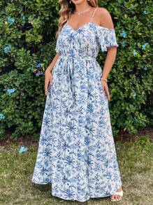 SHEIN VCAY 大码露肩连衣裙，全身印花，适合度假和休闲穿着