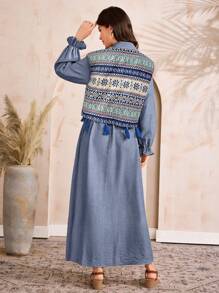Al Najma Conjunto de vestido largo de unicolor y chaleco con estampado geométrico para mujer, modesto