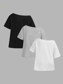 SHEIN EZwear 3pcs Plus Size Solid Color Asymmetric Neck Loose T-Shirts, Summer Wear - Multicolor - View 2