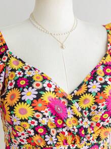 Soleia Plus Size V-Neck Gathered Waist A-Line Mini Dress With Overlapped Front & Flutter Sleeves, Floral Print Vacation Style