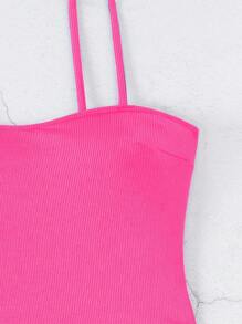SHEIN Swim 女士沙滩装：带小条纹面料的分体式泳衣套装、碎花泳裤、可调节肩带、休闲海滩度假吊带背心、细肩带分体式泳衣 - 玫紅色 - 查看 6