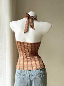 SHEIN Áo cánh kẻ caro cổ chữ V nhún eo buộc cổ thời trang nữ, mùa xuân và mùa hè - Màu Khaki - Xem 3