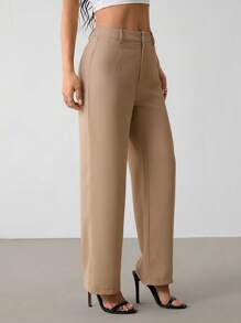SHEIN PETITE Solid Color Straight Leg Pants, Minimalist Fashion Suitable For Summer In Fall/Winter