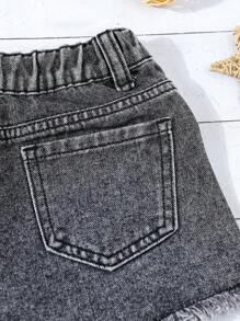 SHEIN Pantalones cortos vaqueros de pierna ancha de línea A versátiles y con dobladillo deshilachado para niñas, verano