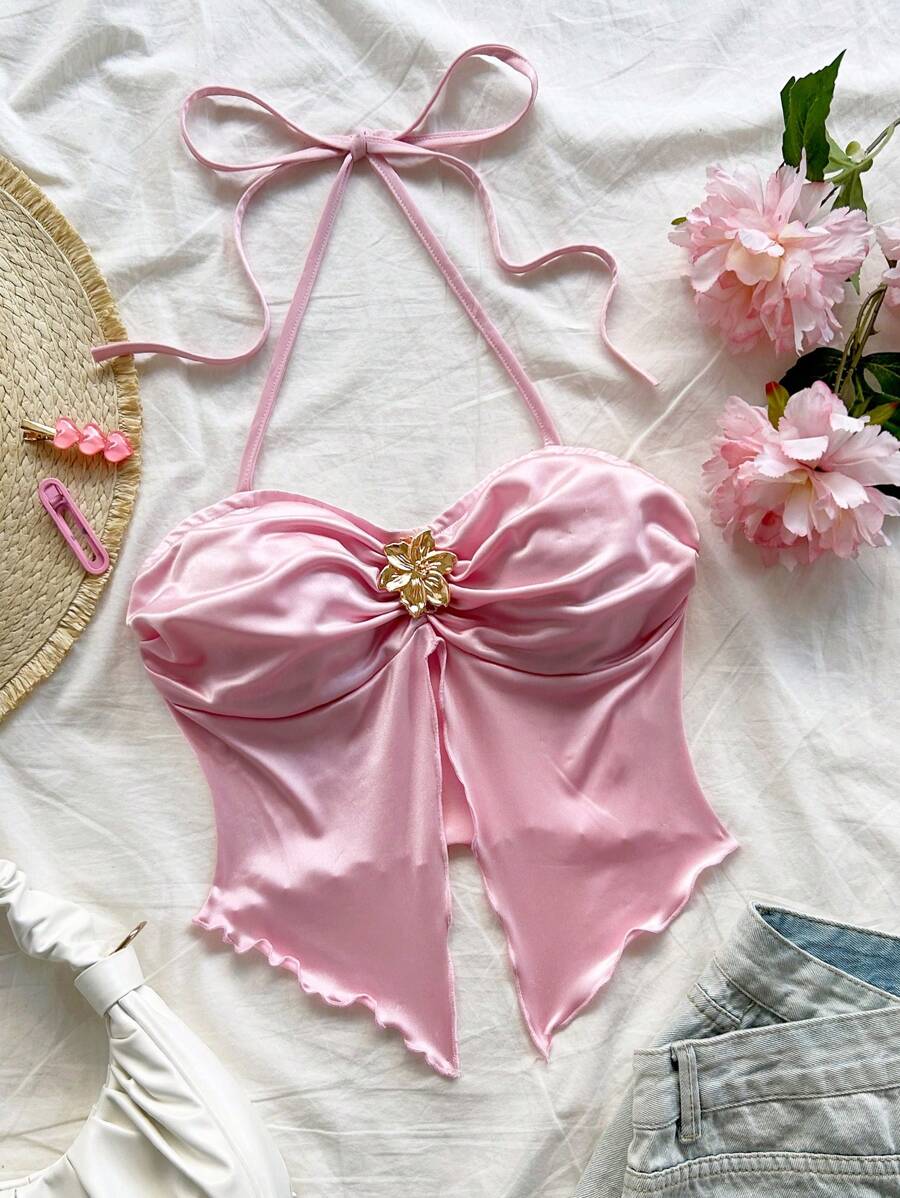 Soleia Áo crop top hở lưng xếp nếp cho nữ có viền xếp nếp không đều, màu hồng phấn - Hồng - Xem 1