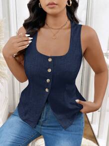SHEIN Frenchy Blusa sin mangas de talla grande para mujer, de unicolor, con botones decorativos. Blusa de lino, con hebilla decorativa en la parte delantera. Blusa con abertura frontal, simple, elegante, estilo viejo de dinero. Tela natural y cómoda, buena permeabilidad al aire, adecuada para el uso diario y vestimenta de vacaciones.