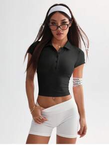 SHEIN Sport Studio Polo deportivo de manga corta de verano de unicolor con botones delanteros para mujer