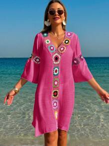 Swim Lushoire Vrouwen V-hals 3/4 mouw haak bloemenprint losse pasvorm zijsplit jurk/cover up