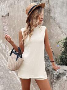 SHEIN LUNE 2 件女士休闲侧开叉长款上衣和短裤套装女士机场装机场装女士夏季服装夏季女士夏季服装骑行短裤夏季两件套，商务休闲女士 - 杏色 - 查看 7