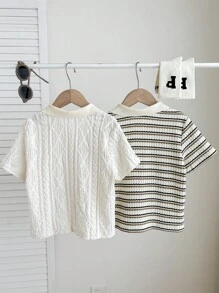 SHEIN 2 件装小男孩可爱休闲夏季百搭条纹短袖 Polo 衫，适合生日派对、典礼、婚礼、洗礼、学校、度假 - 白色 - 查看 2