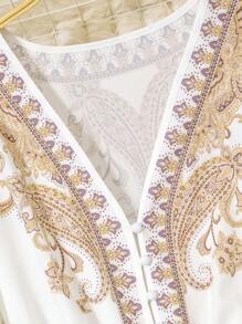 EMERY ROSE Court Retro  Plus Size Women Placement Print Elegant V-Neck Lantern Sleeve A-Line Midi Dress - White - View 4