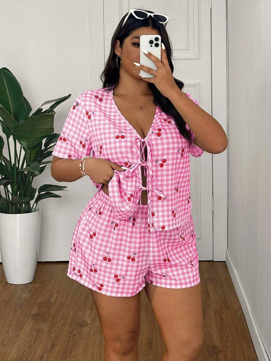 SHEIN EZwear Plus Size Spring/Summer Cherry Fruit & Blue Plaid Print Sweet Shirt & Shorts 2 Pieces Set - Baby Pink - View 1