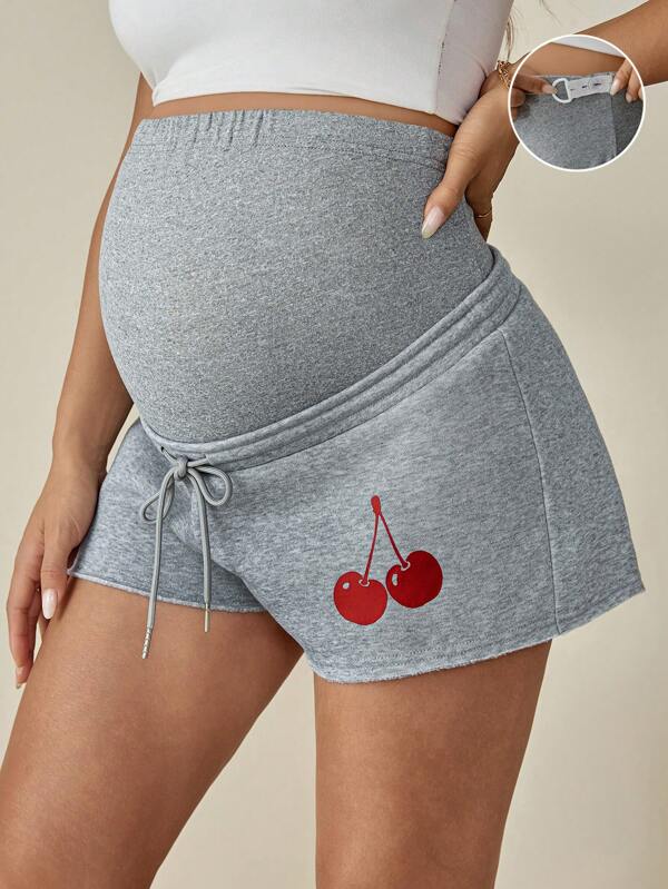 SHEIN Maternity Cherry Print High Waist Casual Shorts, Summer