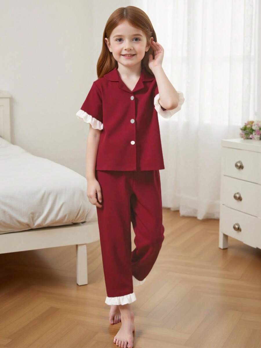 SHEIN Young Girl Washed Creased Fabric 2 Pieces Outfit With White Ruffle Trim Top And Pants, Casual Elegant Style, Home Wear Set - Red - View 1