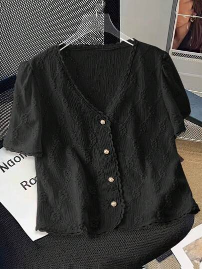 Everyssa 女士通勤简约纯色纹理泡泡袖衬衫