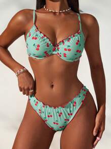 Swim Mod Women's Sweet Cute Lace Cherry Print Swimsuit Set For Summer Beach Vacation - Lime Green - View 5