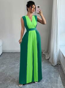 Elenzga Bộ đồ liền thân ống rộng cổ chữ V xếp ly, eo thắt chặt dành cho nữ, trang phục công sở và ngày lễ thanh lịch giản dị - màu xanh lá - Xem 5