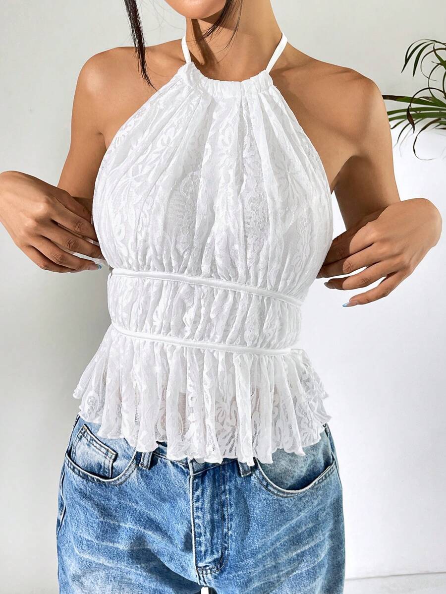 SHEIN EZwear 乡村音乐会白色蕾丝女士吊带背心，夏季时尚 - 白色 - 查看 1