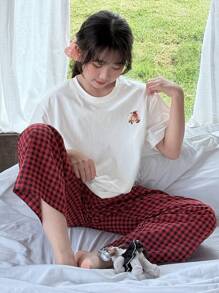 Dazy Kids 2pcs/Set Tween Girls Round Neck Knit Bear Embroidered Short Sleeve Top + Woven Plaid Pants Casual Outfit, Spring/Summer,Back To School Clothes