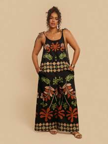 Travachic Macacão Folgado com Estampa Tropical Geométrica sem Alça com Bolsos, Estilo Casual de Férias, Verão, Plus Size para Mulheres