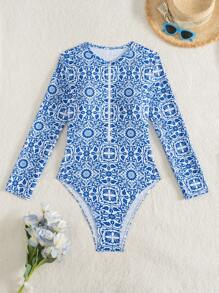 Swim SPRTY Summer Random Print Long Sleeve Zipper With Padded One-Piece Bikini Surf Suit, Conservative Beach Vacation Surfing Swimwear