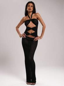 SHEIN BAE Women's Fashionable Sexy Solid Color Hollow Out Backless Halter Neck Knit Dress - Black - View 3