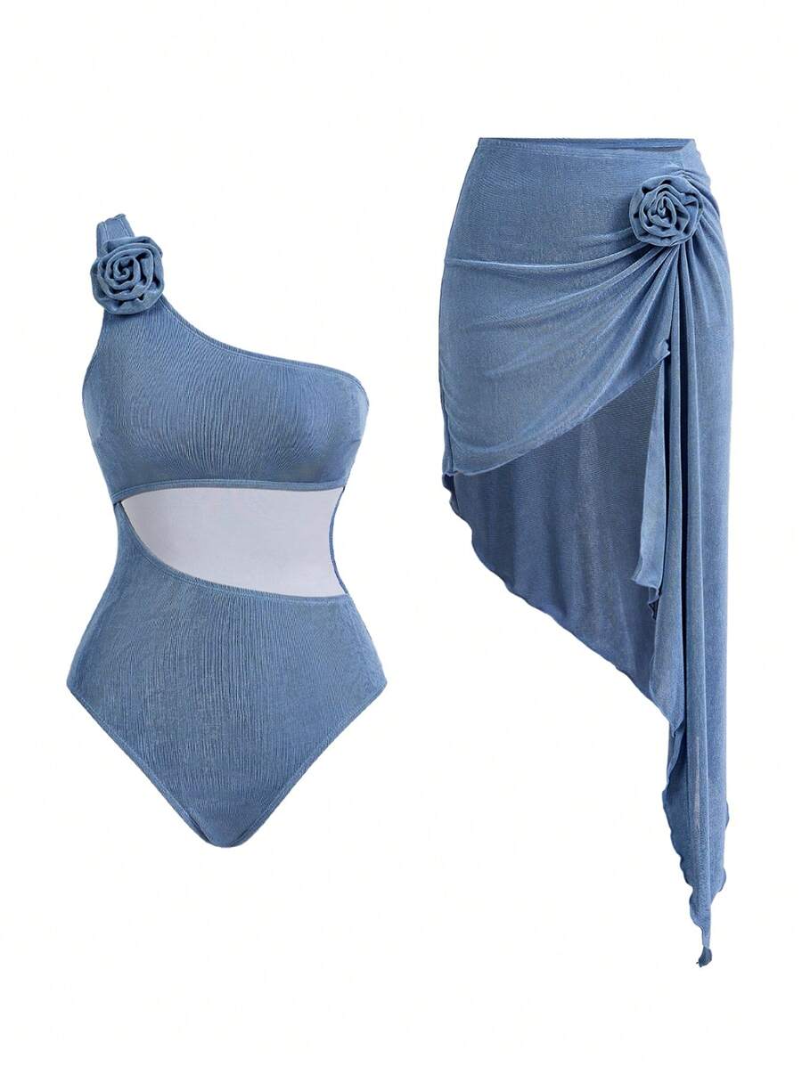 Swim Oasis 2pcs Oasis Floral Print Asymmetrical One Shoulder One-Piece Swimsuit For Summer Beach Vacation