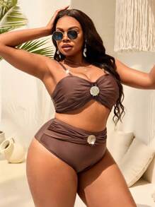 Swim Chiccia 大码女式 2 件纯色细肩带褶皱金色贝壳装饰高腰时尚休闲海滩度假泳装套装