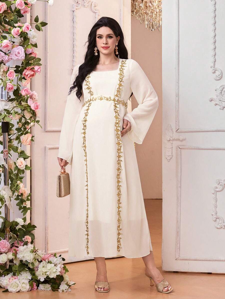SHEIN Women Solid Color Beaded Embroidery Square Neck Maternity Arabic Style Dress - White - View 1