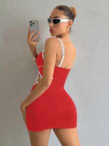 SHEIN ICON Fitted Waist Side Ruffle Cutout Color Block Dress For Women