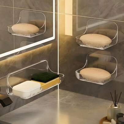 Estante para baño sin taladro, organizador de pared de plástico transparente de alta resistencia con diseño impermeable y autoadhesivo, cesta multiuso para ducha para baño, cocina, tocador y almacenamiento de lavandería