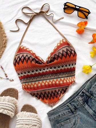 Soleia Geo Print Tie Backless Hanky Hem Halter Top