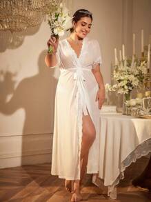 SHEIN Lace Trimmed Semi-Sheer Sexy Robe - White - View 6