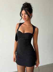 Aloruh Women's Basic Simple Business Commuting Office Siren Style Bodycon Dress Solid Color Sweetheart Neck Ruched Bodycon Black Mini Dress,Summer Dresses For Women,Graduation,Graduation Dresses For Women,Back To School Dress - Black - View 1