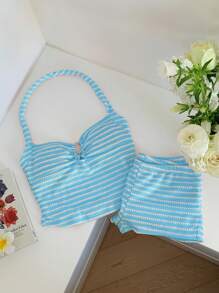 Comfortcana 夏季休闲条纹吊带上衣和超短裤套装