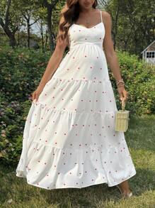 SHEIN Cute & Elegant Maternity Dress With Heart Lacing Backless Straps - Red and White - View 4