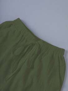 Linhara Plus Size Women's Cinched Waist Washed Cotton Cropped Top With Back Buttoned Pockets - Army Green - View 4