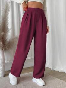 SHEIN Unity Solid Color Elastic Waist Casual Straight Leg Pants Fall Cloth For Women - Burgundy - View 3