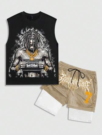 Street Life Set de 2 camisetas de tirantes informales con estampado de caricatura Y2K para hombres