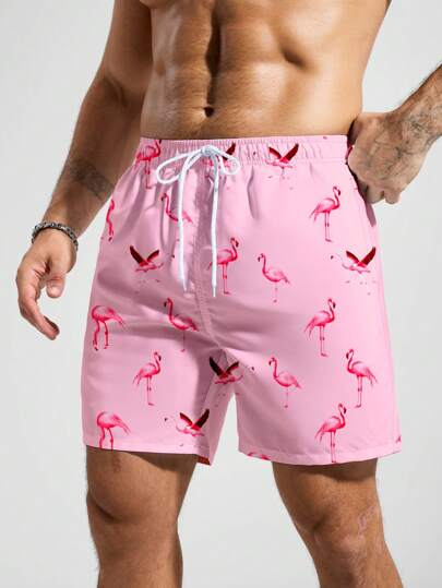 Surfspeed Men's Flamingo Print Drawstring Waist Beach Shorts (Print Style Random),Hawaiian
