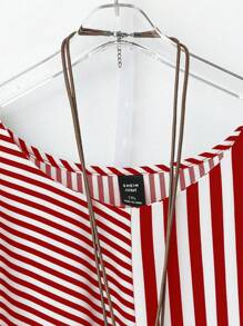 Linhara 大码女式优雅通勤休闲复古度假风格条纹花卉图案圆领条纹拼接结短袖 W 型下摆设计黑白连衣裙，春夏秋季 - 酒紅色 - 查看 5