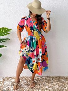 SHEIN Clasi Plus Size Women Summer V-Neck Floral Print Waisted Vacation Dress - Multicolor - View 6
